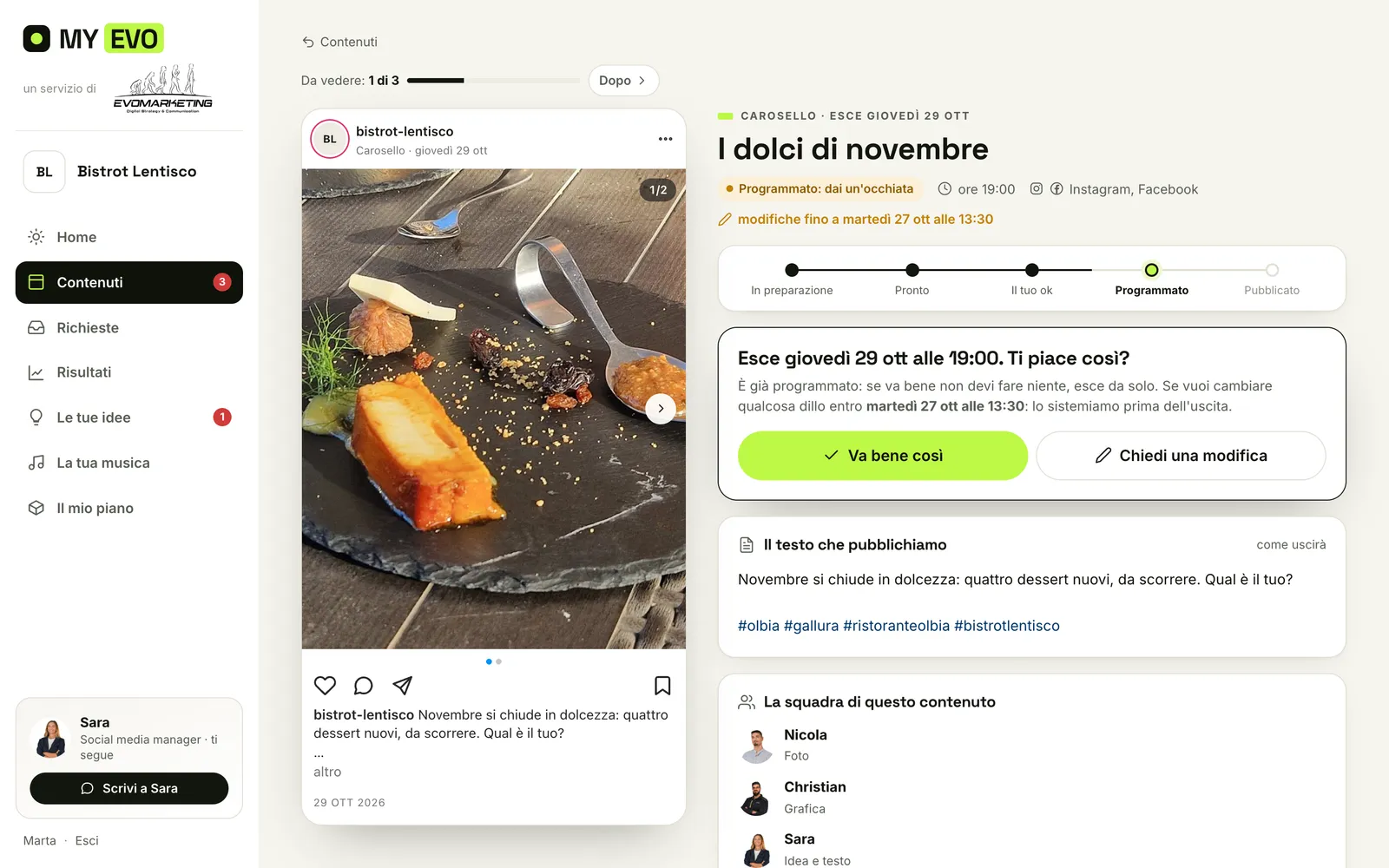 Un post in MY EVO mostrato come uscirà sul social, con il riquadro per chiedere una modifica