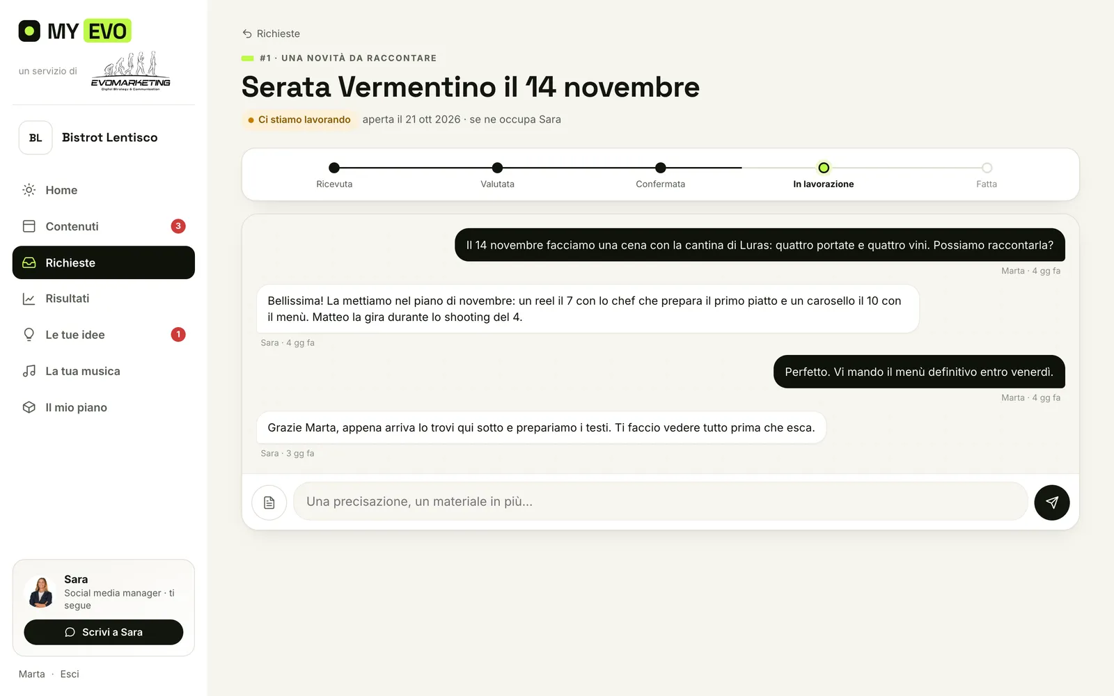 Una richiesta in MY EVO con la conversazione tra cliente e squadra